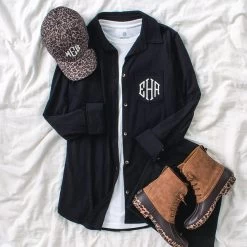 Monogrammed Casual Button Down Tunic -Fashion Clothing Store eyE black casual button down tunic flatlay