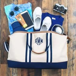 Monogrammed Canvas Weekender -Fashion Clothing Store fcD Monogrammed Canvas Navy weekender with travel items