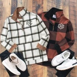 Monogrammed Plaid Pullover -Fashion Clothing Store fxM monogrammed plaid pullover in hickory and black and in ivory tan with sneakers