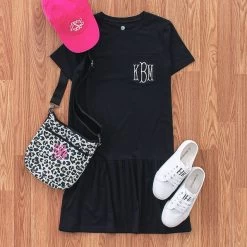 Monogrammed Ruffle Dress -Fashion Clothing Store gLj Monogrammed Ruffle Dress in black with neoprene crossbody and baseball hat