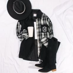 Monogrammed Oversized Button Down Tunic 17 Monogrammed Oversized Button Down Tunic -Fashion Clothing Store hPm black and white plaid oversized tunic ootd with hat and black boots