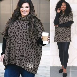 Monogrammed Cowl Neck Poncho -Fashion Clothing Store hUj leopard cowl neck poncho split image