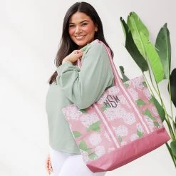 Monogrammed Large Zip Top Tote -Fashion Clothing Store hWw julia wearing pink hydrangea zip top tote on shoulder