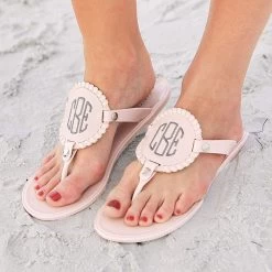Monogrammed Flip Flops -Fashion Clothing Store hnq blush pink monogrammed flip flops on feet in sand