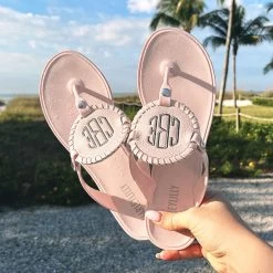 Monogrammed Flip Flops -Fashion Clothing Store hnq monogrammed blush flip flops with beach sky background