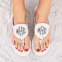 Monogrammed Flip Flops -Fashion Clothing Store hnq monogrammed white flip flops on feet in sand