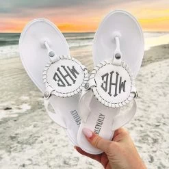 Monogrammed Flip Flops -Fashion Clothing Store hnq white monogrammed flip flops at ocean with sunset