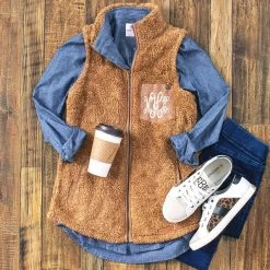 Monogrammed Sherpa Vest -Fashion Clothing Store iA0 camel sherpa vest ootd