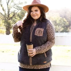 Monogrammed Sherpa Vest -Fashion Clothing Store iBP charcoal sherpa vest with leopard layering tee