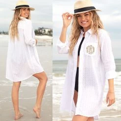 Monogrammed Shirtdress Cover Up -Fashion Clothing Store iDO front and back of shirtdress cover up tan monogram