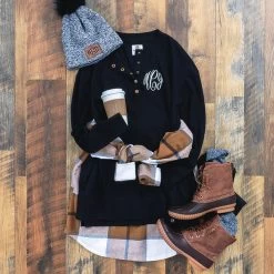 Monogrammed Waffle Henley Tunic 17 Monogrammed Waffle Henley Tunic -Fashion Clothing Store ifW waffle henley tunic in black with shacket