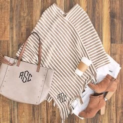 Monogrammed Striped Fringe Poncho -Fashion Clothing Store j21 monogrammed tan striped fringe poncho ootd