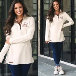 Monogrammed Popover -Fashion Clothing Store j3V oatmeal monogrammed button pullover with jeans and sneakers