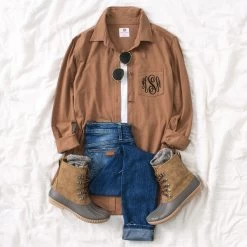 Monogrammed Casual Button Down Tunic -Fashion Clothing Store jnR hickory casual button down tunic flatlay