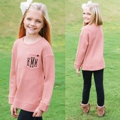 Monogrammed Kids Waffle Crewneck Sweatshirt -Fashion Clothing Store k1R blush kids waffle sweatshirt split