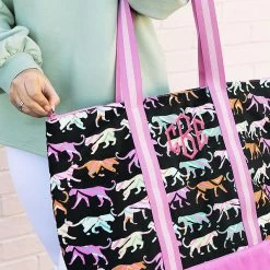 Monogrammed Large Zip Top Tote -Fashion Clothing Store kND close up of girl holding tiger party tote update