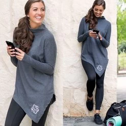 Monogrammed Asymmetrical Turtleneck Tunic -Fashion Clothing Store kTi charcoal asymmetrical turtleneck