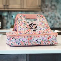 Monogrammed Casserole Carrier -Fashion Clothing Store lAQ coral floral casserole carrier on counter 2