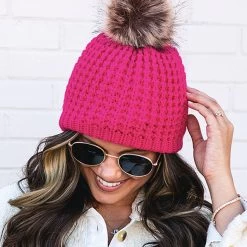 Chunky Knit Beanie -Fashion Clothing Store lcj hot pink chunky knit beanie up close