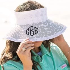 Monogrammed Packable Straw Visor -Fashion Clothing Store lck close up of ivory leopard packable visor