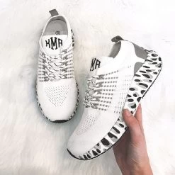 Monogrammed Leopard Bottom Sneakers -Fashion Clothing Store ldt white leopard bottom sneakers in hand