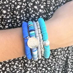 Monogrammed Mix Bead Bracelet Stack -Fashion Clothing Store lsX blue mixed bead bracelets on arm