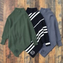 Fashion Clothing Store -Fashion Clothing Store mLy Personalized Sweater Poncho in Black and White Dark Olive and Slate Blue