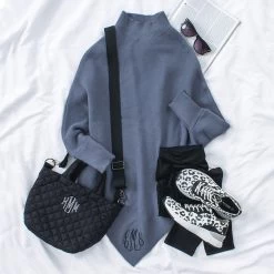 Monogrammed Sweater Poncho 6 Monogrammed Sweater Poncho -Fashion Clothing Store mLy blue slate monogrammed poncho with sneakers ootd