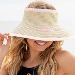Monogrammed Packable Straw Visor -Fashion Clothing Store mMR close up pink gingham packable straw visor