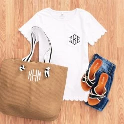 Monogrammed Scalloped Top -Fashion Clothing Store nHh white scalloped top with beach bag outfit