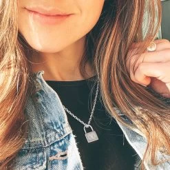 Monogrammed Padlock Necklace 7 Monogrammed Padlock Necklace -Fashion Clothing Store nx7 silver lock pendant necklace selfie