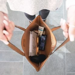 Monogrammed Basic Tote Bag -Fashion Clothing Store o56 mongrammed basic tote open outside hands