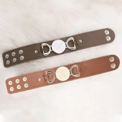 Monogrammed Leather Cuff Bracelet -Fashion Clothing Store oxs horsebit cuffs on fuzzy rug