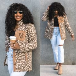 Monogrammed Leopard Sherpa Jacket -Fashion Clothing Store pEk brown leopard sherpa jacket split image