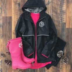 Monogrammed New England Rain Jacket -Fashion Clothing Store pGs black monogrammed new england rain jacket with pink rain boots