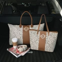 Monogrammed Spotted Weekender -Fashion Clothing Store pQ7 monogrammed weekender and tote in back of car