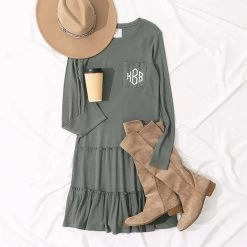 Monogrammed Waffle Dress -Fashion Clothing Store pYI flatlay of charcoal waffle dress