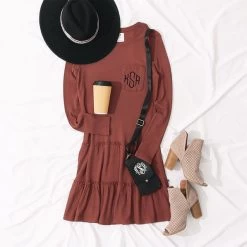 Monogrammed Waffle Dress -Fashion Clothing Store pYI flatlay of rust waffle dress