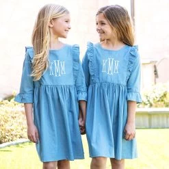 Monogrammed Kids Ruffle Denim Dress -Fashion Clothing Store pdS sisters in matching ruffle denim dresses
