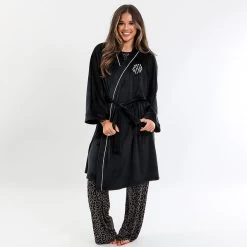 Monogrammed Fleece Robe -Fashion Clothing Store peO black fleece robe on girl in studio
