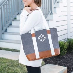 Monogrammed Chambray Tote 7 Monogrammed Chambray Tote -Fashion Clothing Store phT Holding Monogrammed Chambray tote