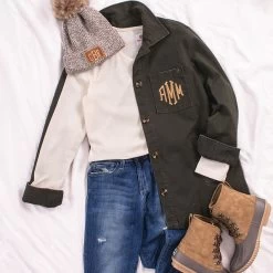 Monogrammed Shirt Jacket 13 Monogrammed Shirt Jacket -Fashion Clothing Store q6N monogrammed faded green canvas shacket with grey duck boots