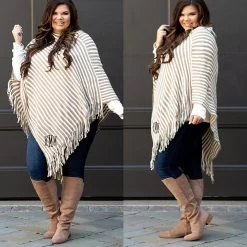 Monogrammed Striped Fringe Poncho -Fashion Clothing Store q8y plus size monogrammed striped fringe poncho