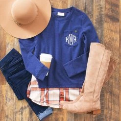Monogrammed Plaid Hem Sweatshirt