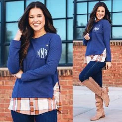 Monogrammed Plaid Hem Sweatshirt 5 Monogrammed Plaid Hem Sweatshirt -Fashion Clothing Store qJq navy plaid hem sweatshirt split