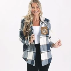 Monogrammed Shacket -Fashion Clothing Store qQC studio shot of girl wearing slate ivory plaid shacket