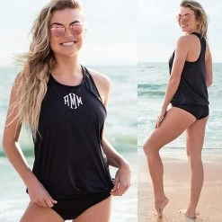 Monogrammed Tankini 12 Monogrammed Tankini -Fashion Clothing Store qoN front and back of black monogrammed tankini at beach