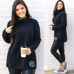 Monogrammed Fleece Tunic 9 Monogrammed Fleece Tunic -Fashion Clothing Store qtm front and side of black fleece tunic