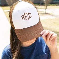 Monogrammed Trucker Hat -Fashion Clothing Store rHu close up of hickory trucker hat in octagonal small