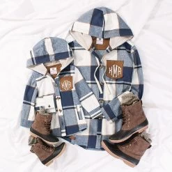 Monogrammed Kids Shacket -Fashion Clothing Store rIe mom and me slate ivory plaid shackets